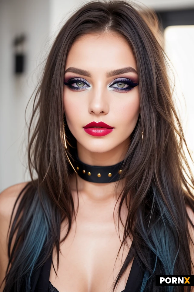 Woman, One, European, Skinny, 20 years old, White skin, very long Blue messy hair, Messy hair, grey eye color, round eyes, open eyes, Beauty face, Realism, Closeup Portrait, prostitua gold make up, excessive eye liner, gold lipstick, bright gaze, hot allure, messy hair, complex cut hair, black chocker,
