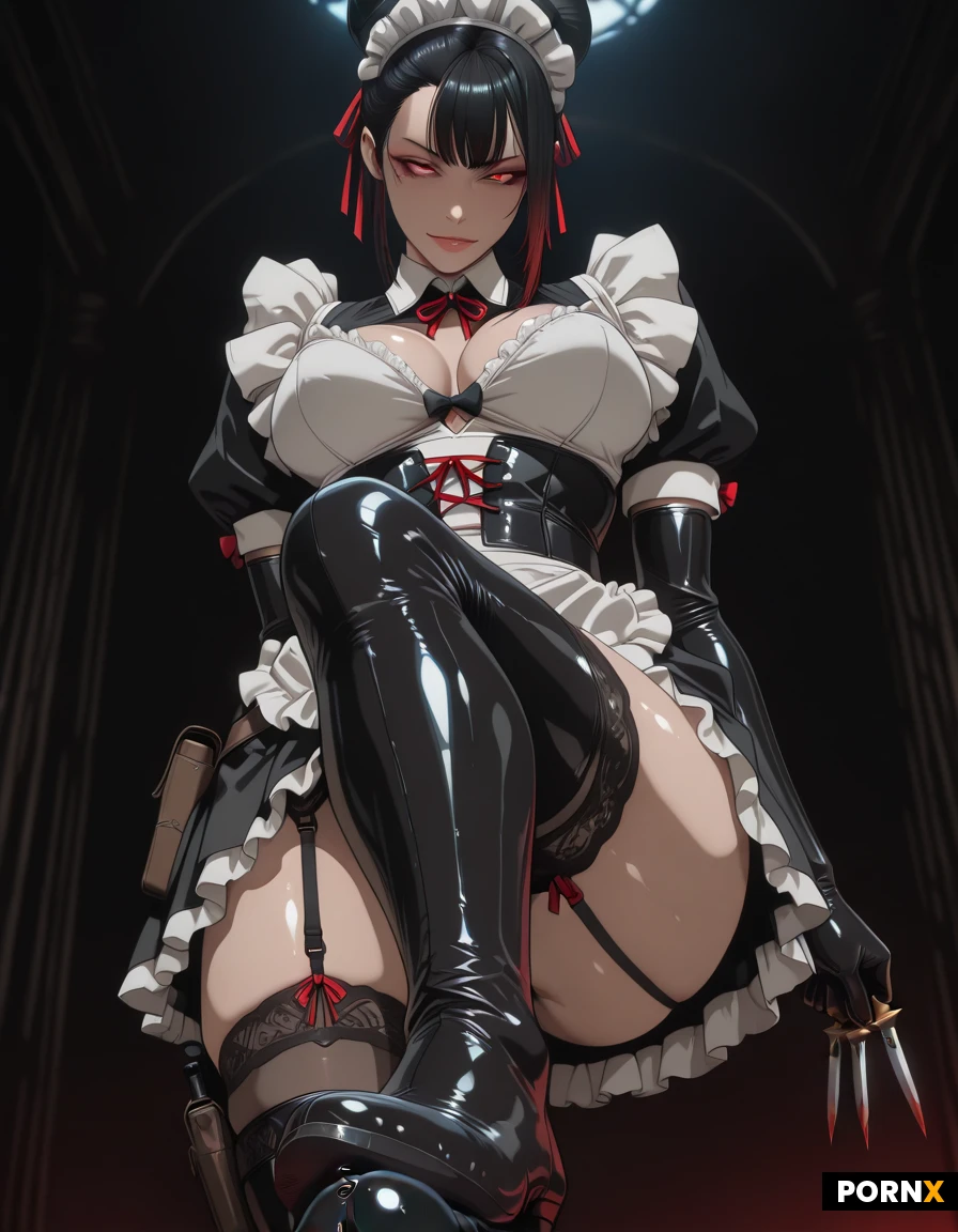 footjob, A deadly assassin maid, hair in a sleek bun with loose strands framing her face, wearing a very revealing outfit — a black and white maid dress with a frilled skirt, garter belt stockings, and thigh-highs, excessive skin showing. Multiple throwing knives strapped around her bare thighs in leather holsters. Seductive yet expression, sharp eyes. Dramatic moody lighting, dark background with subtle red accents. Highly detailed, realistic style, cinematic composition, 8k, sharp focus, shallow depth of field., giving a footjob black dick