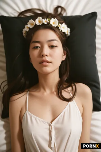 There is a garland of orange and white flowers in her hair