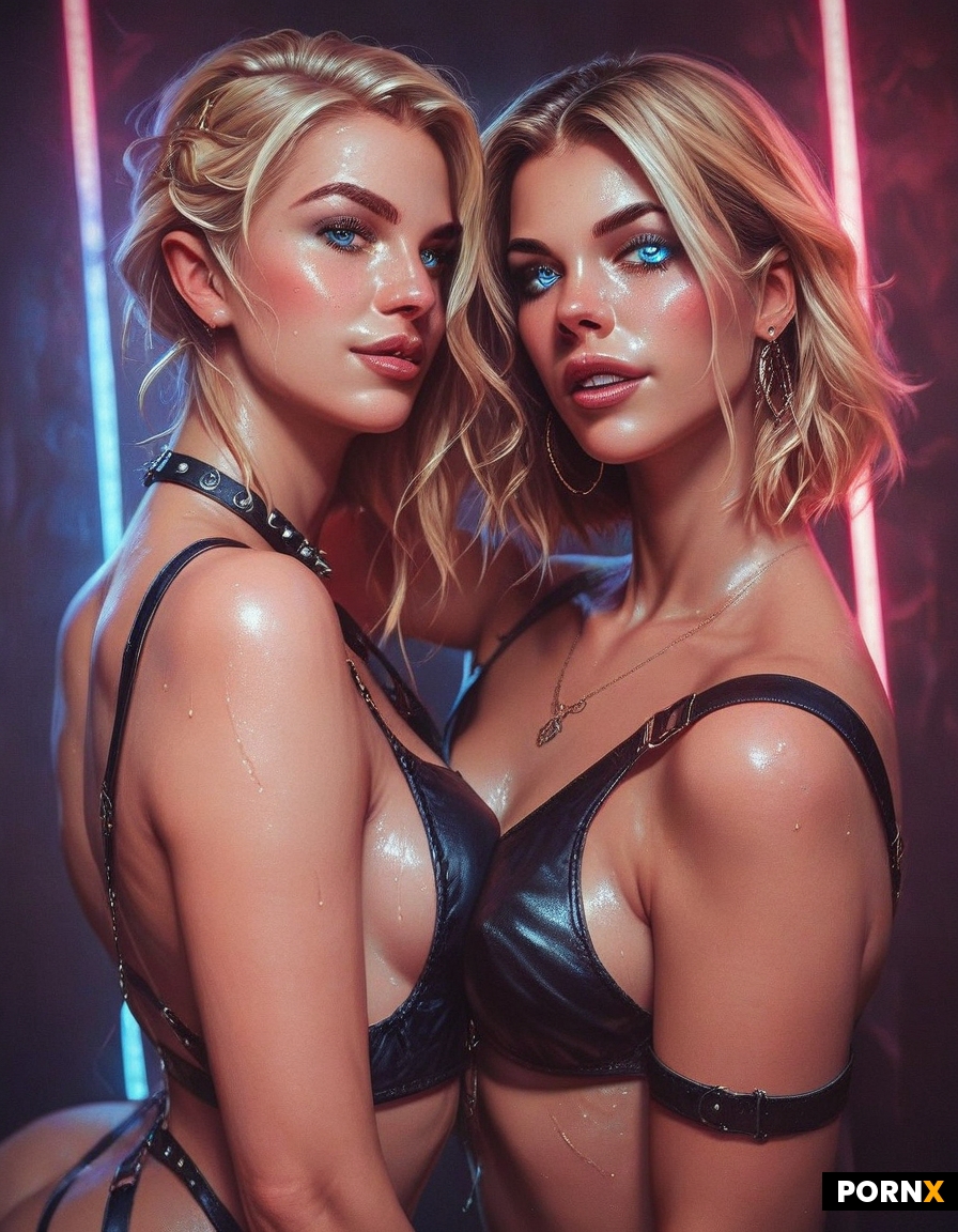 Two female strippers standing in a strip club