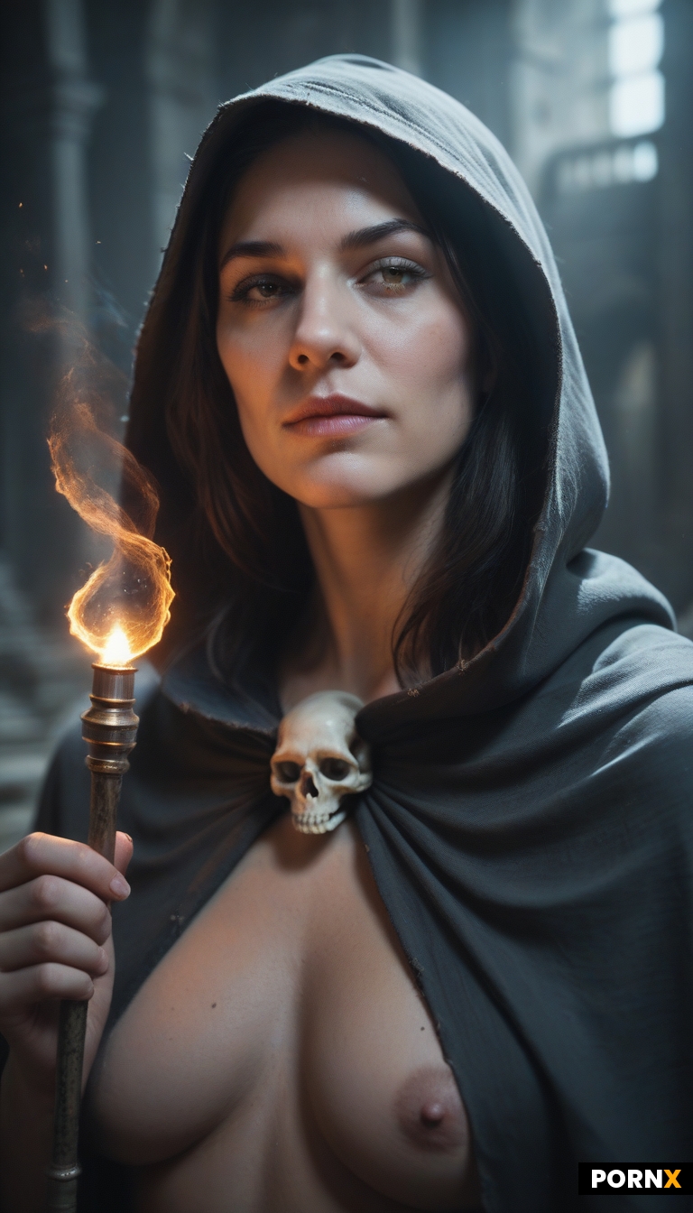 medium close-up A sexy woman Necromancer standing in an ancient battlefield