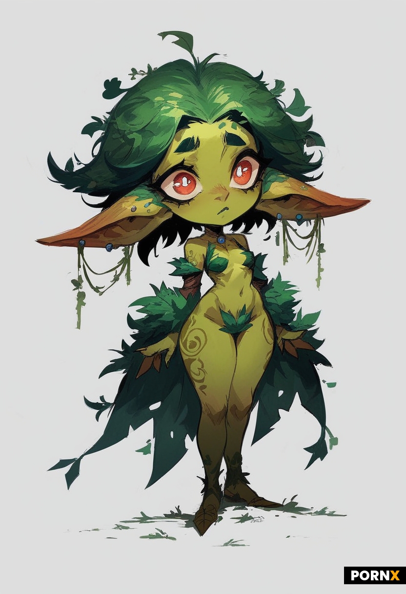 concept-art painterly + goblin-girl + big cute eyes + pale green skin + green leafs hair + white bac