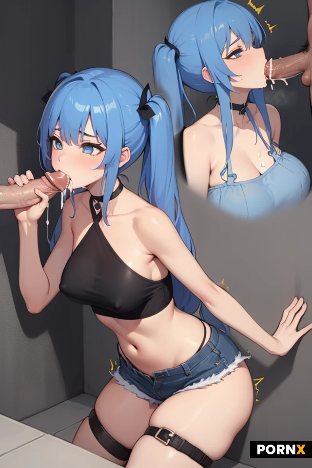 Woman, One, Skinny, Cute face, medium breasts, halter crop top, micro-shorts, choker, blue hair, twin tailed hair, Tight outfit, high waisted thong, Skinny thighs, blue eye color, cum on face, cum on top, purple outfit, beach, orgasm face, sex toys, camel toe, sleeveless,