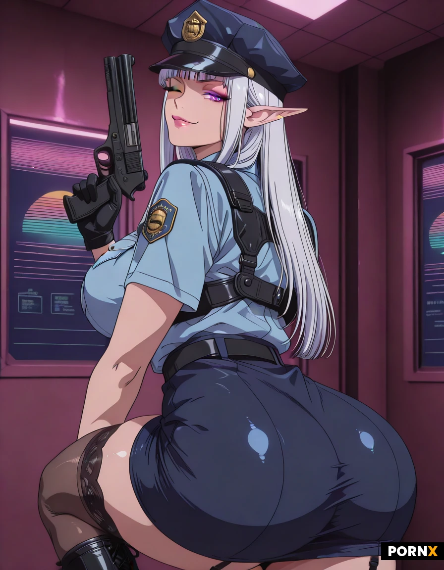 one Woman, 20 Years old, Japanese, Elf, Busty, Big breasts, Large ass, Rounded ass, Seductive smirk, Makeup, Busty lips, Big eyes, Small nose, Narrow jaw, Cute face, Horny face, Slicked hair, Straight hair, Long hair, Purple eye color, white hair, policewoman, police uniform, , police badge, police hat, pencil skirt, chest harness, bun, stockings, lace boots, holding weapon, looking back, one eye closed. Location police station