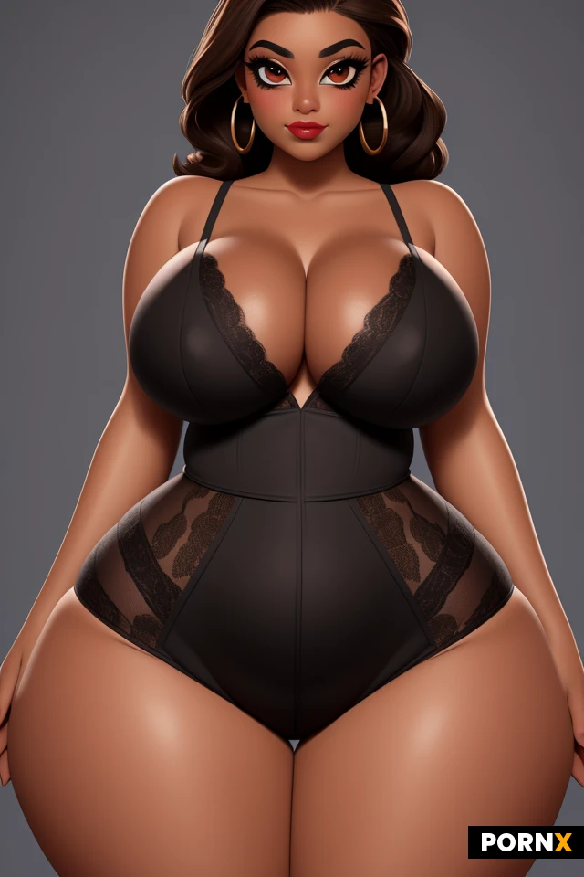 woman, dark skin, light brownish hair, lots of makeup, thick black eyeliner, thick lips, plump lips, earrings, (thick thighs:1.2), (curvy:1.5), (thick:1.25), (voluptuous:1.25), (huge boobs:1.3), tight, busty, firm, perky, (wide hips:1.5), (narrow waist:1.35), lipstick, large eyes, lace, smirk, portrait