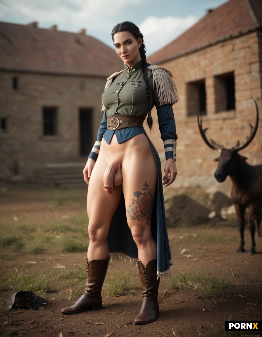 30-year-old trans woman. Large genitals (flaccid), large testicles. Tattoos on her left leg. Blue eyes; long, braided black hair. Dressed in a tattered musketeer uniform, on a battlefield.