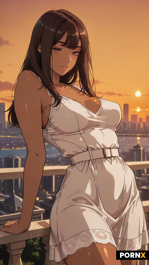 Woman, 25 years old, Spanish, beautiful, perfect eyes, detailed face, brunette, caramel skin, medium breasts, rounded breasts, curvy, high res, perfect eyes, detailed face, long hair, (sheer silk navy dress:1.5), sleeveless dress, standing on the balcony of a penthouse suit, modern skyline, seductive pose, 3/4 body view, (naked), leaning back on railing, legs spread wide, sunset