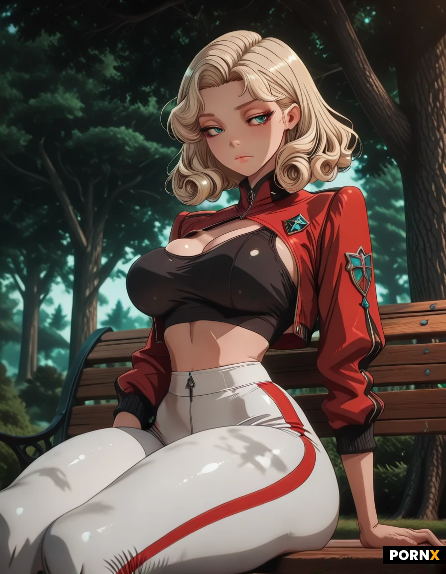 Beautiful woman, curly blonde hand, medium rounded breasts, thin waist, thick thighs, wearing a cropped jacket, sports bra, white leggings, sitting on a park bench, trees in background, ultra detailed, ultra high quality