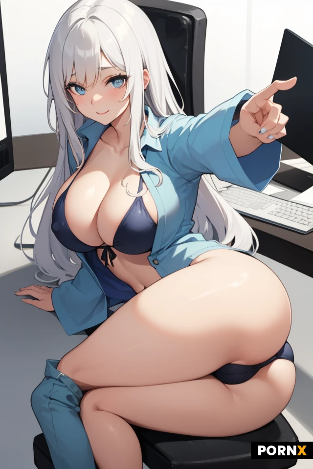 Woman, One, 20 Years old, Japanese, Busty, Large breasts, Big ass, Horny face, White hair, Long hair, Blue eye color, Unbuttoned clothes, Selfie, Seductive pose, Office, Swimsuit
