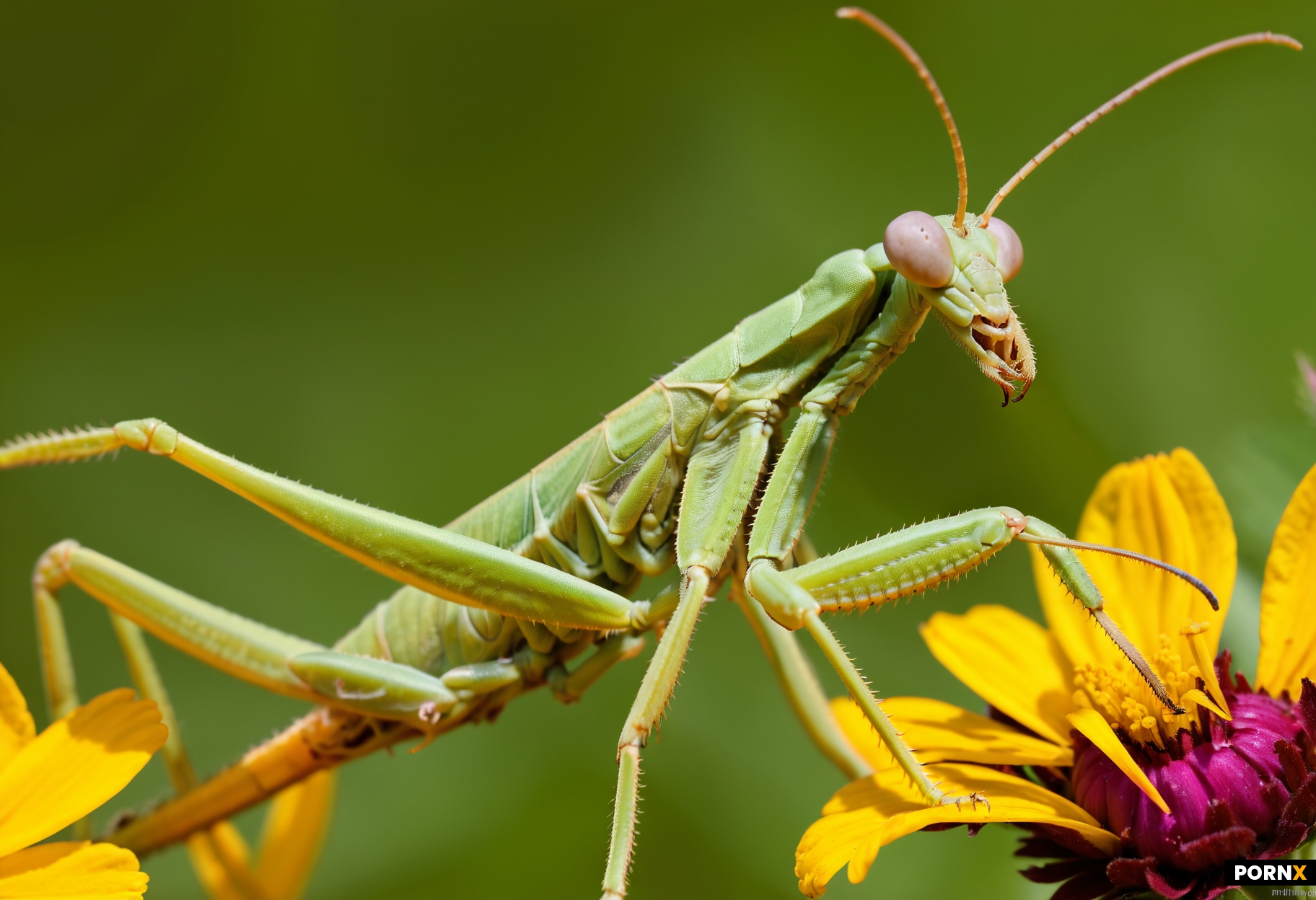 Close-up macro photography of a colorful mantid on a flower