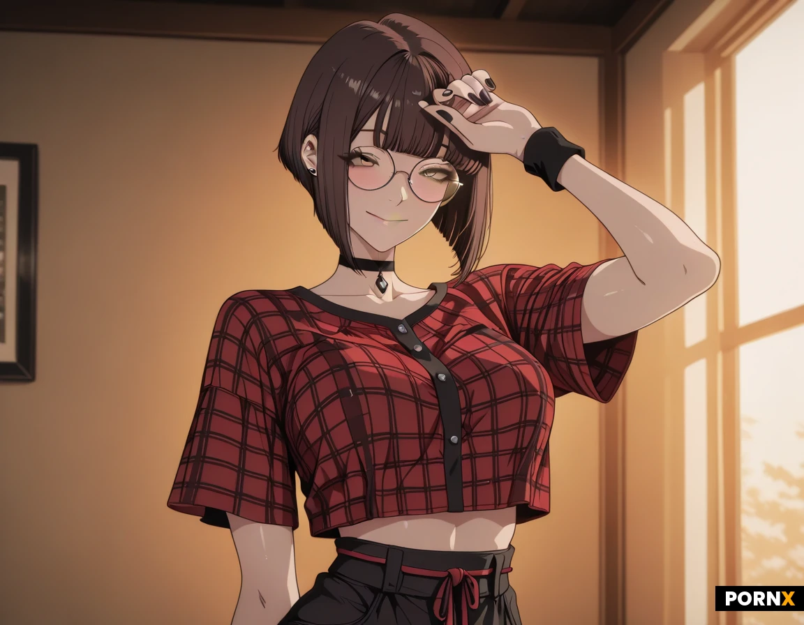 A stylish adult anime woman with a confident, playful personality. She has short-to-medium dark chocolate-brown hair in a rounded bob haircut, with thick straight bangs covering her forehead and slightly curved ends framing her face. She has warm light skin, large expressive gray-brown eyes, long dark eyelashes, and a soft confident smile.
She wears large round thin-framed glasses with transparent lenses, small black circular ear studs, and a simple black choker. Her signature outfit is a dark burgundy-red plaid cropped button-up shirt, tied in a knot at the front, worn over a muted camouflage-patterned fitted top. She wears dark pants. She has black-painted fingernails and a black wrist cuff.
Distinctive character traits:
- short dark brown bob haircut
- straight thick bangs
- large round glasses
- gray-brown eyes
- small black ear studs
- black choker
- confident gentle smile
- burgundy/red plaid cropped shirt
- camouflage-patterned top
- black wrist cuff
- black nail polish
- fashionable casual streetwear aesthetic
Art style: polished modern anime illustration, clean detailed linework, soft cel shading combined with subtle gradients, expressive eyes, smooth skin rendering, detailed hair strands, attractive but natural facial proportions, high-quality character illustration, soft cinematic lighting, detailed background, professional anime artwork, consistent character design.
