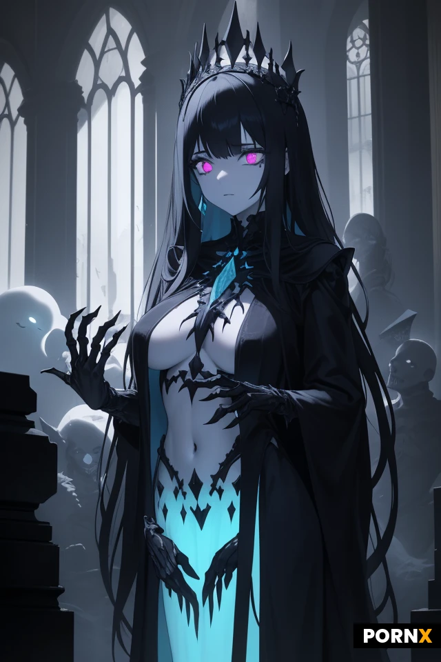 A hyper-detailed dark fantasy portrait of a hybrid goddess, The Heresy, standing on a black basalt altar inside the Crystal Nests of Veinara. Her translucent skin reveals pulsating veins of black basalt and electric blue quartz. Her face is both innocent and ancient, with two glowing crystal eyes (one blue, one blood-red). Long hair made of floating black crystal strands. She wears tattered black silk robes fused with shards of obsidian. The walls are covered in black and blue crystals, with ghostly skeletal hands reaching from the cracks. Volumetric lighting with deep shadows, cinematic chiaroscuro, 8K, inspired by Luis Royo, hyper-realistic textures, dramatic mood, dark gothic atmosphere