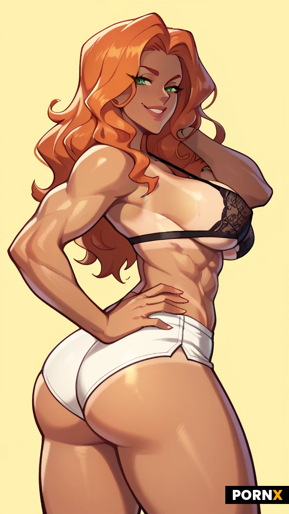 one woman, tan lines, ginger hair, long hair, wavy hair, seductive smile, green eyes, fit, muscular, big breasts, skinny thighs, (small ass:1.5), black athletic bra, white athletic shorts, standing with her hands on hips, front view, slight side view