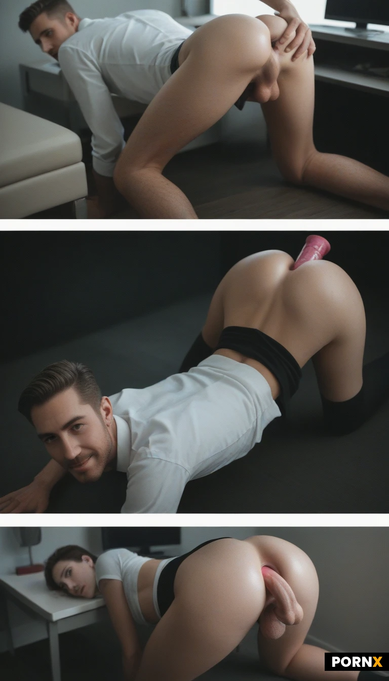 (Gay:1.1),(solo cute_Man:1.3),(handsome,masculine:1.0)
Backview,profile,floor level,high angle
((side_dildo,doggy_anal_penetration:1.3),( hand behind ass:1.3):1.3),anus, (kneeling, on all fours, (ass up:1.2),turning back,looking at viewer:1.2),splits,(spreading legs,knee up:1.3),(better hands),intricate_gestures
(smug,better teeth :1.0),(open mouth:0.5),buzz_cut,beard
(((skinny_adult,small_ass:1.3):1.3), hairy_legs:1.3),( office shirt:1.0),black socks
(Cinematic studio light)
<lora:055:0.8>,((erect penis:1.3):1.3), (testicles:1.3)
Penis,<lora:bettercocks:0.8>
<lora:fixhands:0.8>((Dramatic_shadows:1.3):1.3),(highly_detailed_eyes:1.0),(intricate_details:1.0),(shot_on_85mm_at_f/2.8,8k:1.0),(sharp_focus:1.0), (visible_skin_texture:1.0),(film_grain:1.0),(masterpiece, best quality, highres, absurdres)