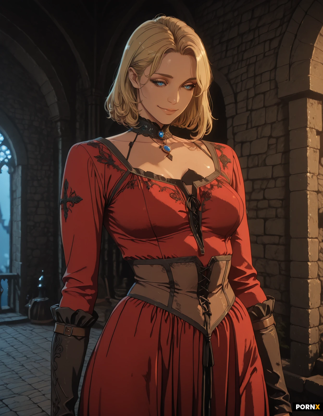 masterpiece, best quality, highres, absurdres, portrait, looking_at_viewer, red_dress, fancy_dress, medieval_clothes, ornate_clothing, long_sleeves, flowing_gown, detailed_embroidery, jewel_adorned_collar, serene_expression, slight_smile, stone_wall, medieval_castle, ornate_background, soft_lighting, rim_light, cinematic_lighting, close_up, front_view, shallow_depth_of_field, full body