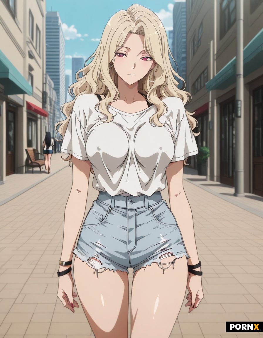 18year old blonde with long wavy hair and medium sized breasts wears a tight white t-shirt with no b