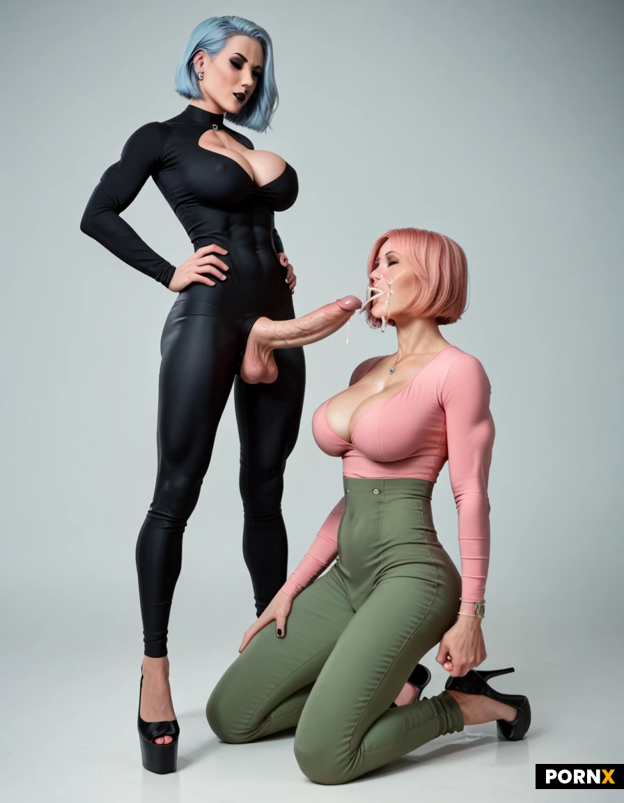 beautiful woman, long light blue hair with bangs, pale skin, slim body, medium perky breasts, Futanari,(goth:1.3),(pink hair),(milf),(large breasts:1.5),(cleavage),(pink shirt),(thin waist),(green pants),(big cock),(long cock),high heels,tight long sleeve,(skin tight clothes),(hands on pelvis),(cumming:1.6),(orgasm:1.3),(dominant stance:1.5),standing,(domineering),hands on legs,feminine arms,(straight hair),(bob cut),(thrusting hips forward:1.3),(slim),skinny,(fit:1.5),2 people,worship,(on knees),(cumshot on face)