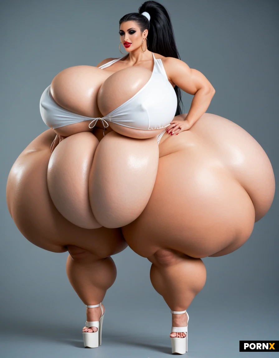 beautiful slim woman, straight red bob with bangs, fair skin, small breasts, very beautiful very exotic orintal Persian muslima girly, pretty soft round girly face, flawless, perfect, (hyper hourglass body:1.35), hyper hips:1.55, (hyper thighs:1.35), (hyper ass:1.35), massive thick wide thighs, massive thick round ass, hyper wide bbl ass:, (huge hips like anime characters), ass so large they stick out, thick legs, thick and curvy body, curvy legs, phat legs, sexy leg, (thicc:), massive thick round ass:, gigantic buttocks, (gigantic enhanced BBL ass), (unreal hip width:1.55), (huge hips like anime characters), hyper excessive, (hyper gigantic breast implants:1.25), (hyper excessive breast volume:1.25), (excessive breast expansion:1.55), impossibly gigantic round fake tits, her fake tits are larger than her body, hyper exaggerate breast proportions, delicate features, very beautiful glowing black eyes, perfect face, beautiful face, sexy lips, very beautiful face, fit, (high ponytail:1.15), ( bangs:1.25), jet-black hair, extreme bimbo makeup, black eyeshadow, black eyeliner, white platform high heels, (platform high heels:1.15),