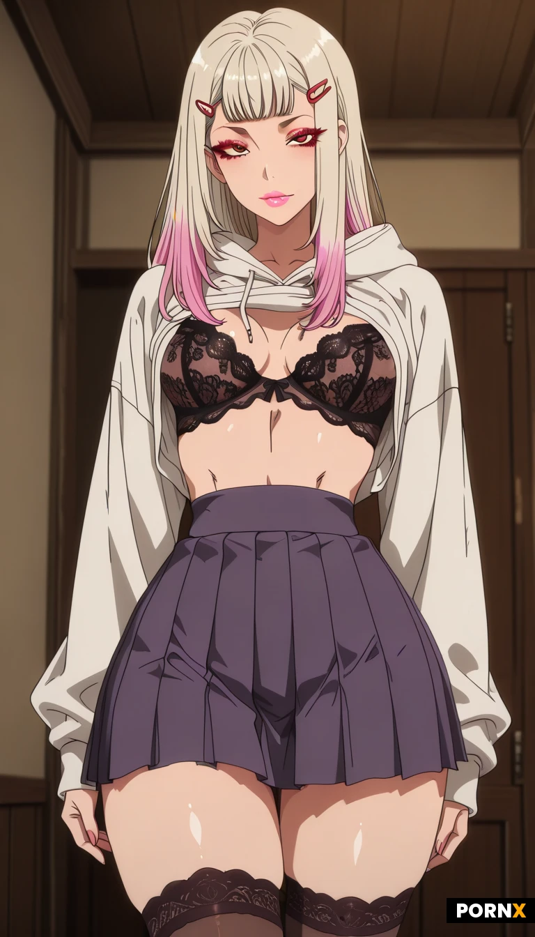 (pullover hoodie,lace bra,pleated skirt,thigh high socks,) a 20 years old Vietnamese whore college babe, beautiful face, long eye lashes, lip gloss, fit body, fit thighs,small breasts,bleached hair,long hair, styled hair,hair clips,thin waist,