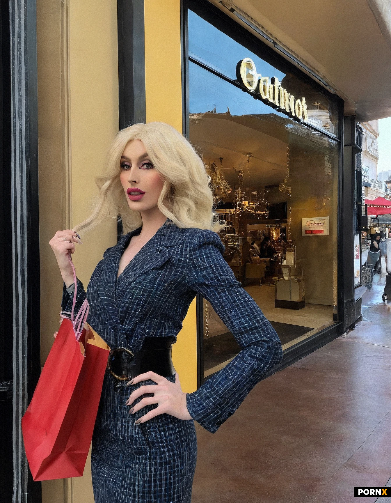 cute sissy crossdressing femboy with shaggy blonde hair with long big hard cock showcasing elegant, expensive jewelry and long French-tip nails; she stands upright at a Hollywood strip mall, a surprised expression looking at the camera biting her lip, clutching two chic shopping bags in one hand while the other rests lightly on her hip, the scene bathed in soft, golden late-afternoon light that creates a subtle rim around her silhouette, captured from a low, ground-level angle looking up steeply to emphasize her confident stance and the bustling upscale backdrop, rendered in high-resolution, cinematic photography style with shallow depth of field that blurs the surrounding storefronts while keeping her sharp and vivid.