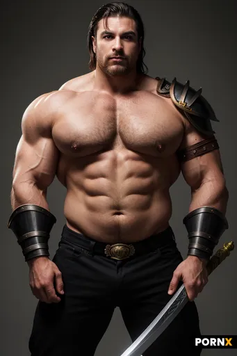 Create an image of an extremely muscular middle-aged male fantasy warrior