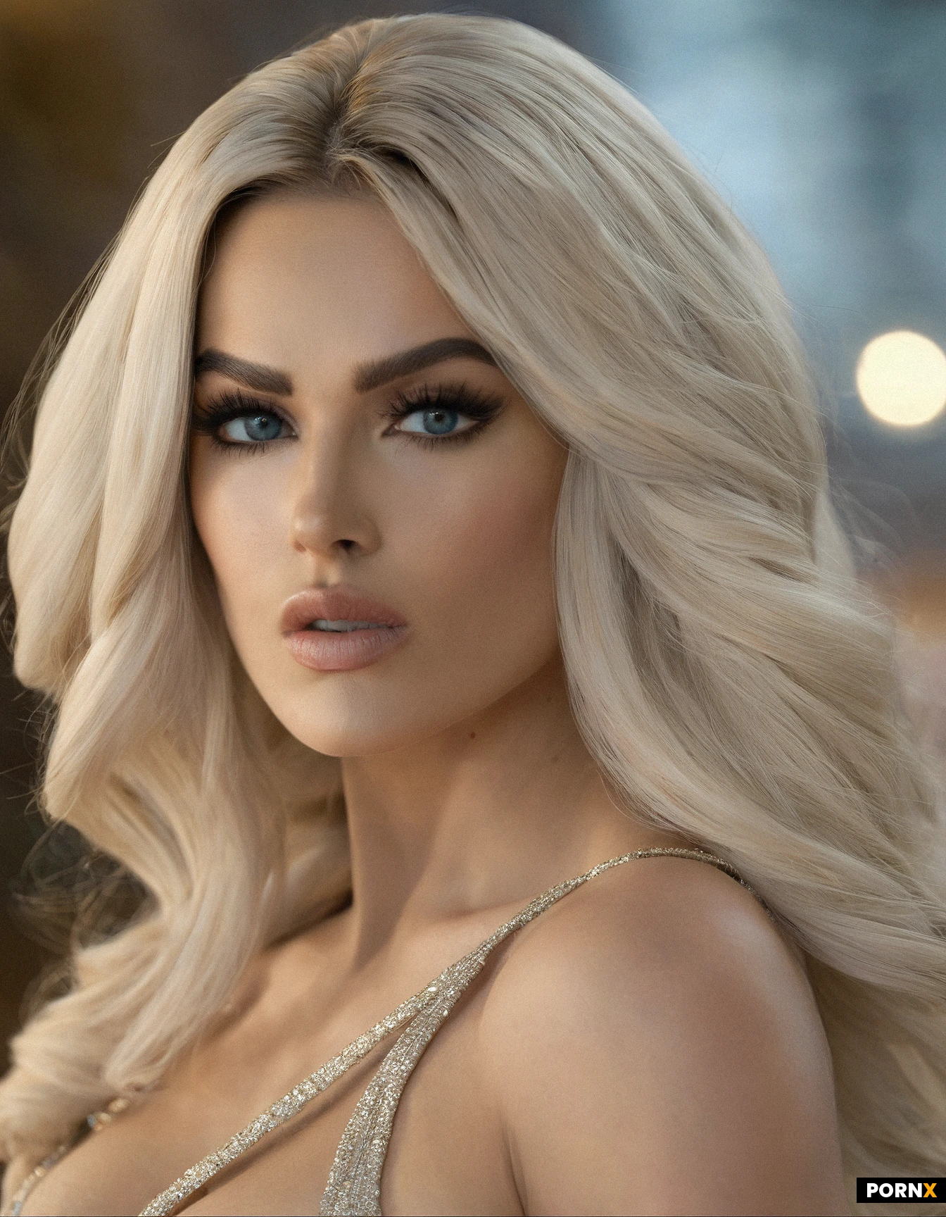 A stunning portrait of a 25-year-old woman with a soft heart-shaped face, high prominent cheekbones, and a delicate chin. She has striking, intense bright blue almond-shaped eyes framed by long, dense eyelashes and softly arched brows. Her lips are naturally full with a well-defined Cupid's bow. She has long, voluminous, extra-light beige-blonde hair styled in soft, cascading waves with natural highlights. 5ft 4inch stature, curvaceous hourglass figure, cinematic lighting, photorealistic, sharp focus, 8k resolution, shot on 85mm lens, f/1.8, bokeh background --ar 2:3