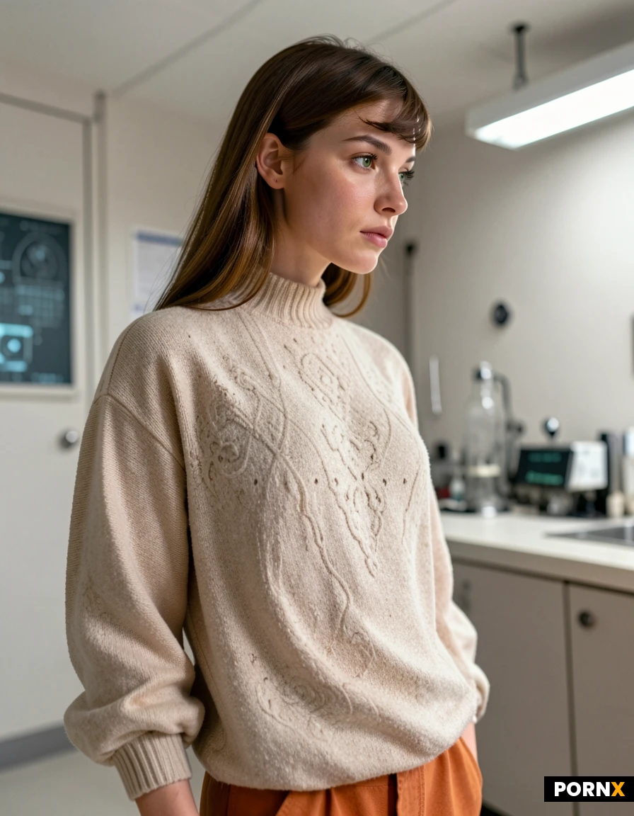 masterpiece, best_quality, highres, absurdres, solo, standing, laboratory_setting, white_sterile_room, soft_overhead_lighting, a woman with chestnut hair and green eyes, fair skin, wearing an orange coverall over a white sweater, looking slightly to the side with a gentle, devoted expression, hands loosely at her sides, cool clinical light with a warm undertone, sense of anticipation, cinematic, high_detail, digital_art, vibrant_colors