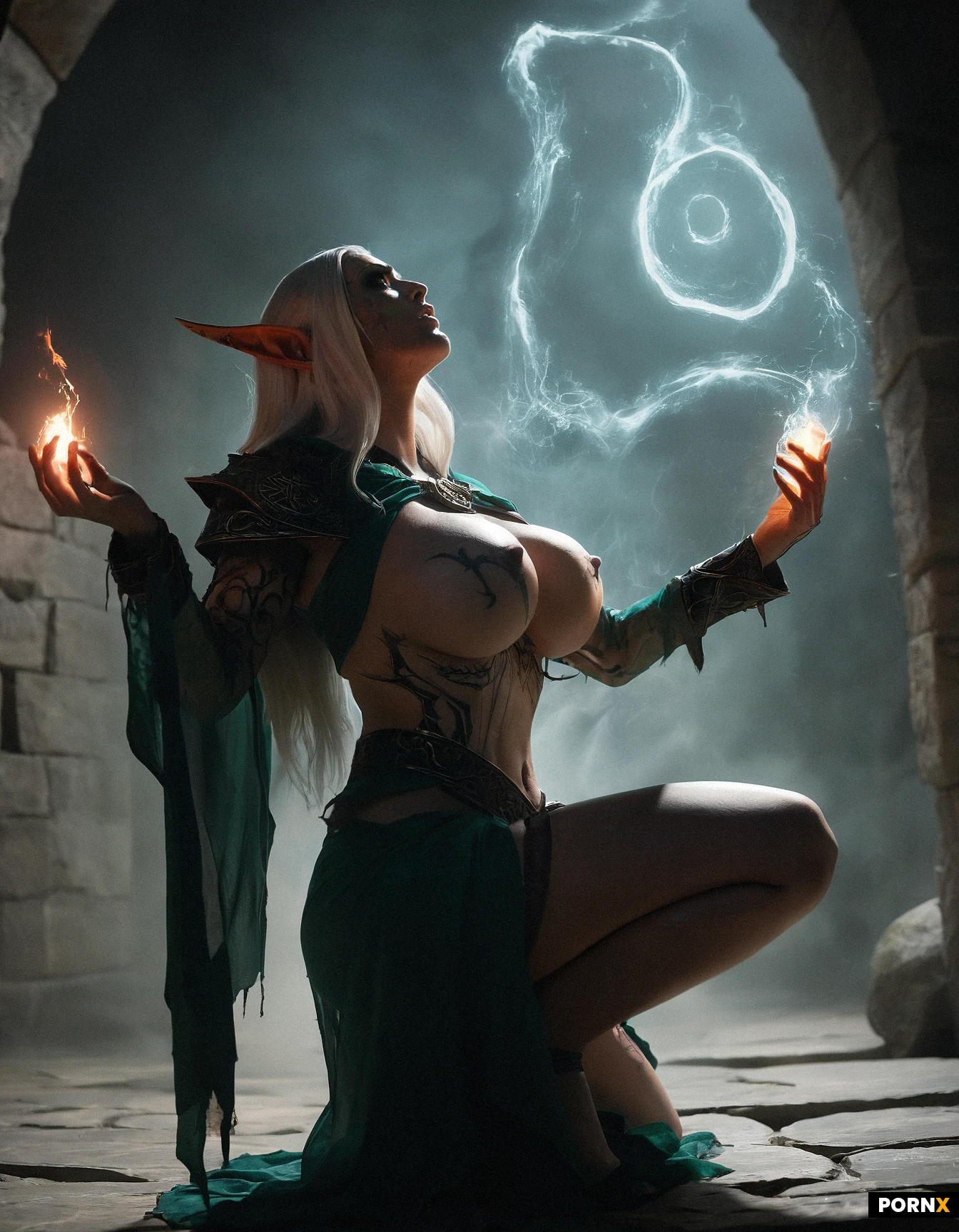 An adult elf warlock with luminous corrupted eyes, long shadow-draped hair and pointed ears crouches on all fours in a dark ritual chamber, her face buried in the cold stone while her curvaceous hips are thrust upward, showcasing (massive breasts:1.5) spilling over a torn, rune-etched robe that reveals sheer underboobs and a firm, round ass; her slim, bimbo figure is wrapped in an enchanted tattered cloak that clings to her lithe, muscular thighs, and arcane talismans glint against her skin. She extends her arms in ritualistic gestures, fingers tracing glowing infernal sigils within a demon-binding circle as crackling dark energy and ethereal smoke swirl around her, casting a malevolent aura and highlighting her cruel, savage expression. Soft rim lighting and high-contrast shadows accentuate the eldritch ambience, with candle-flames of unnatural hue flickering against ancient stone walls etched with cursed runes, while a shallow depth-of-field camera angle looks up from below, emphasizing her underboob exposure and the fit ass arching toward the viewer. The scene is rendered in ultra-high detail, cinematic fantasy style, with vivid, saturated colors and a grim arcane mood.