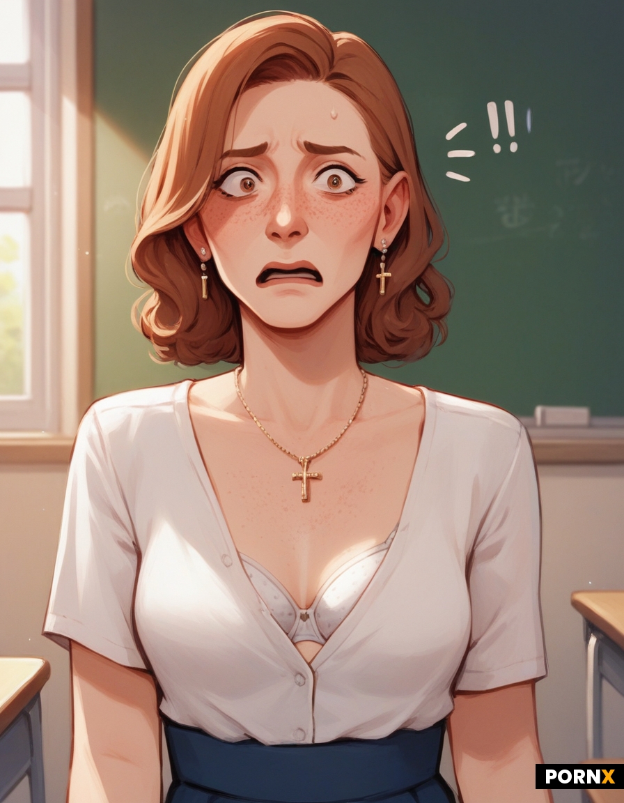 Married teacher in 80's teachers clothes standing in front of a classroom