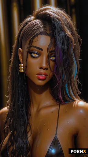 Beautiful Woman Lesbians Purple Hair with Blue Highlights Long Hair Wet Hair Amber Eyes Large Perky 
