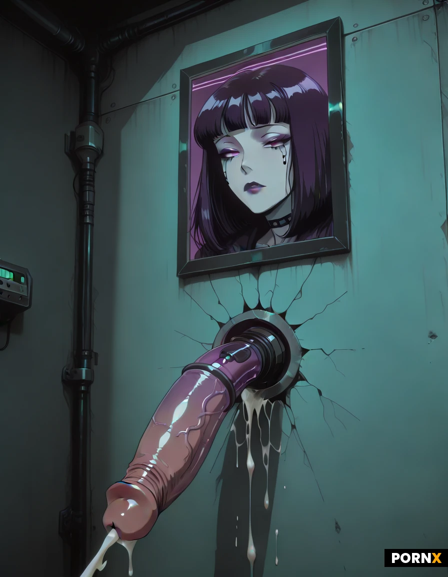 glory wall, penis sticking through hole in wall, machine milking penis, penis through wall, hole in wall, ejaculation, cum dripping, dark lighting.
