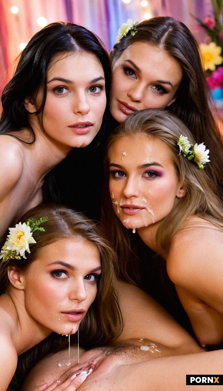 Very Close photo of three women with a huge and messy cumshot across faces