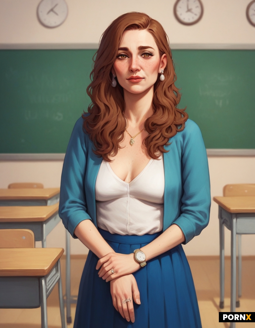 Married frumpy teacher-mom in 80's teachers clothes standing in front of a classroom