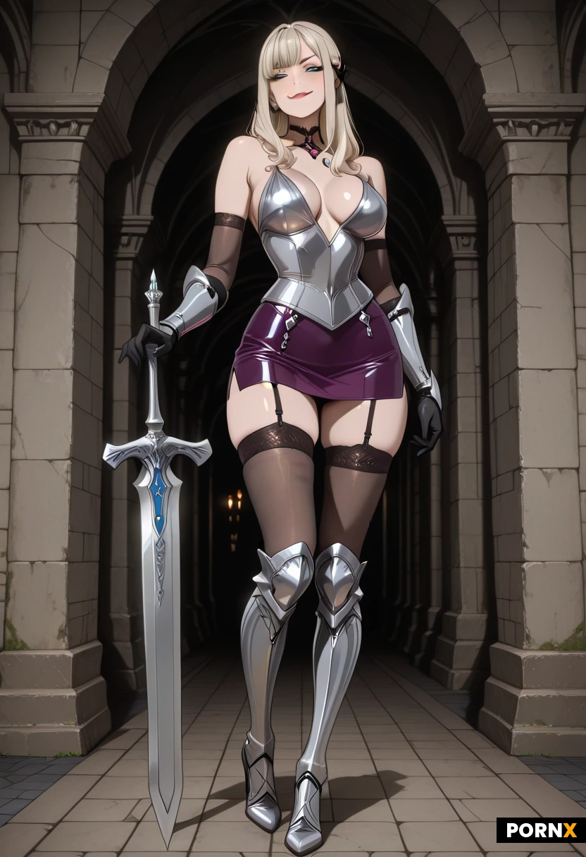 masterpiece, best quality, highres, anime, cute:3, adorable:3, extreme detail, 1guy1girl, perfect cute svelte body:1.5, A photorealistic medium full-body shot of a 21-year-old noble female paladin, Valeria. Strikingly beautiful aristocratic face, smooth pale skin with natural texture, visible pores, sharp high cheekbones. Long, thick ash-blonde hair arranged into an intricate royal French braid interwoven with thin silver threads and miniature pearls, loose wavy locks framing her face. Cold, piercing azure-blue eyes with sharp dark smoky eyeliner and charcoal shadow, long natural eyelashes, sculpted defined eyebrows, and rich wine-red matte lipstick on full lips, haughty and subtly seductive smirk.
She wears a bespoke, highly polished ornate silver gothic steel breastplate with fine filigree engravings; the armor features a daringly deep, structured plunging neckline revealing bare pale collarbones, soft cleavage, and skin contrasting against the cold metal. Form-fitting royal purple velvet micro-miniskirt with delicate gold trim hugging her hips, sheer dark silk stockings secured with fine leather garter belts, and tall polished steel thigh-high greaves over leather riding boots.
One hand in an engraved steel gauntlet rests casually on the pommel of an upright bastard sword on the stone floor. Setting: a dim, opulent gothic castle corridor at midnight, cold vaulted stone arches, flickering wall torches casting warm amber highlights across the reflective steel and bare skin, heavy velvet tapestries, moody dark fantasy atmosphere, 85mm lens portrait, sharp focus, cinematic lighting,
