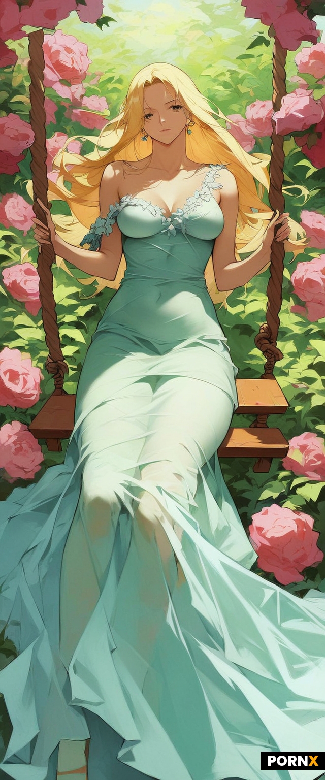 One piece anime style woman sitting on swing in a garden