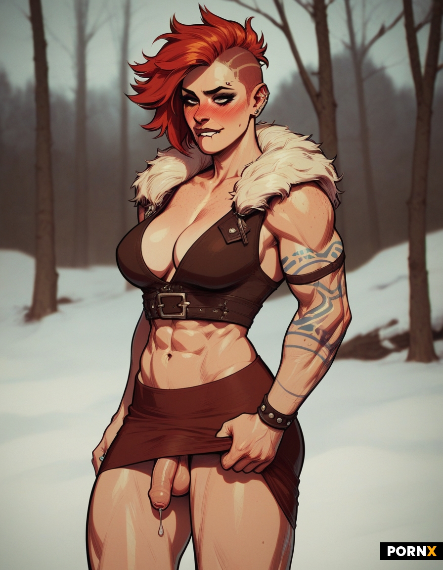 Muscular Futanari viking in a snowy landscape lifting skirt to show off tiny flaccid penis dripping 