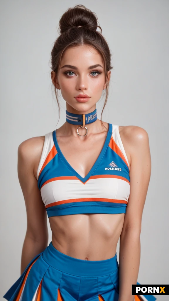 cute, cheerleader, skinny:1.6, sexy, thin waist, flat tummy, hair bun, collar, rounded face, large lips