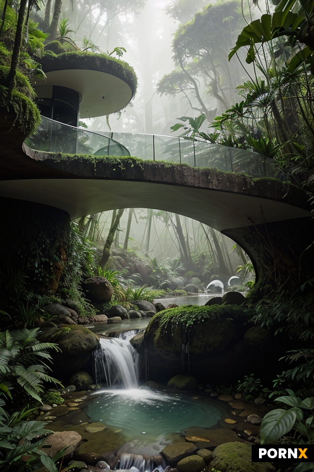 A rounded and curved futuristic home in the center of a foggy jungle