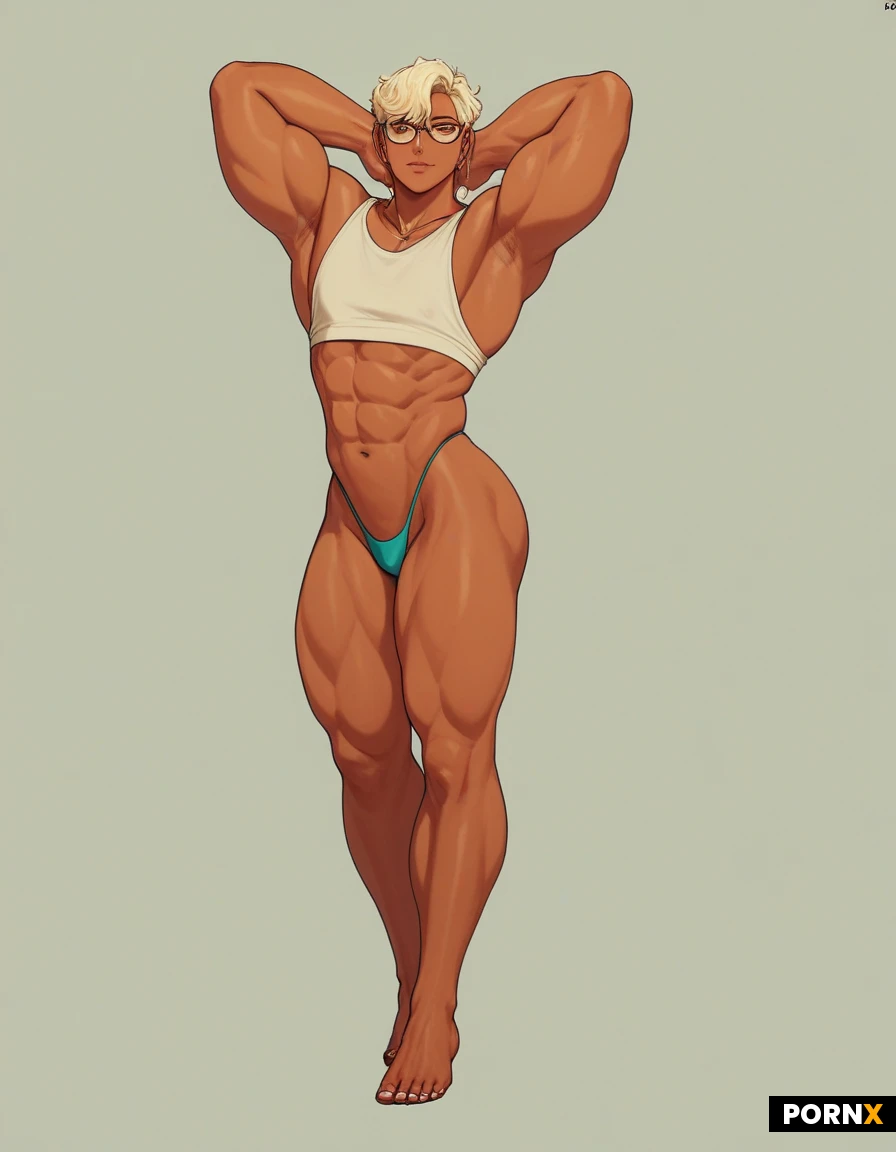 Anime. Transgender. Buff. Genderfluid. Queer LGBTQ. Speedo thong. Longsleeve top. Nerd. Glamour. Tan skin. (Muscular :1.3). Maximum steroid usage