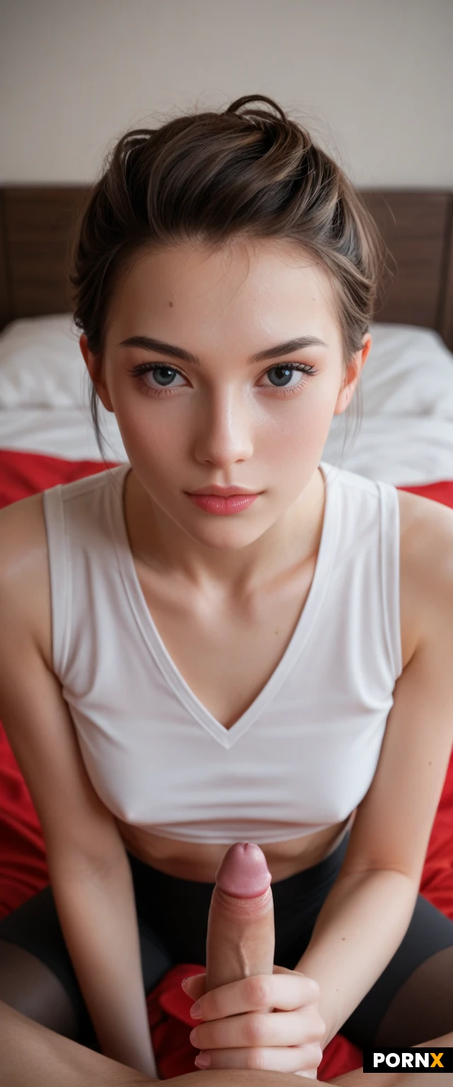 vietnamese woman,diabolic,black leggings,white sleeveless top,bobcat hairstyle,short Hair,very slim,ultra skinny,very skinny,Slender,thin,Short,Beautiful,detailed,sweats,pov,close-up shot,face shot, leaning forward into the camera,face near camera,stroke, sitting on bed,handjob, short dick, (small dick:1.3),Mock-sympathetic expression