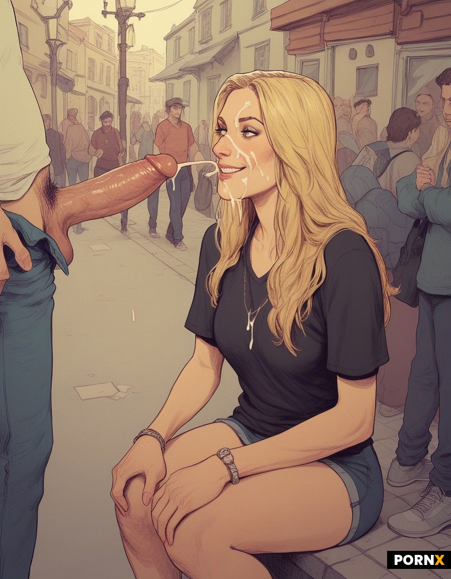 Blonde female on knees cum on face penis cumshot crowded public street medium distance picture smile