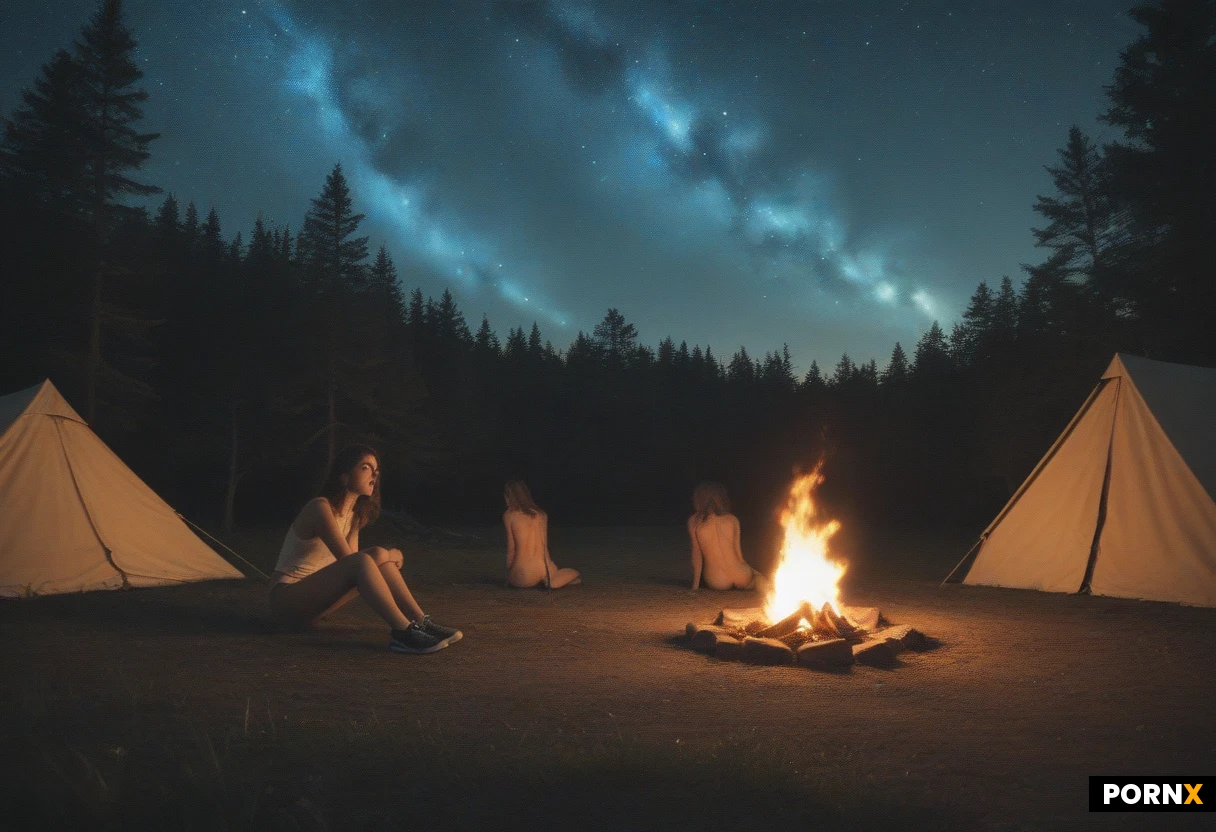 A realistic photograph of a summer evening. Two athletic women and one man has passionate sex together around a glowing campfire infront of a tent at a campfire. The man is in the middle between the two women. Random sex position. All three people are naked an wearing sneakers. Cozy and relaxed atmosphere, warm orange light from the fire illuminating their faces and bodies. Backround shows other tents and silhouettes of trees under a starry night sky. Correct anatomy. Shot on 35 mm lens, cinematic lighting, highly detailed skin textures, highly detailed face, sharp focus, 8k resolution.