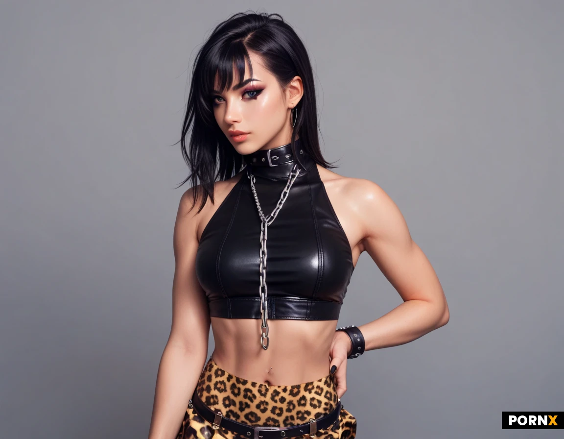 A 20 years old woman with short black hair and a cute bangs, wearing dark eyeliner and a playful expression. She is dressed in an edgy, provocative outfit consisting of a black high-neck PVC sleeveless vest, which she is pulling open to expose her breasts, paired with a short, glossy light-blue PVC mini-skirt with a black waistband. She wears leopard-print tights beneath the skirt. A long silver beaded chain is draped from a collar on her neck.