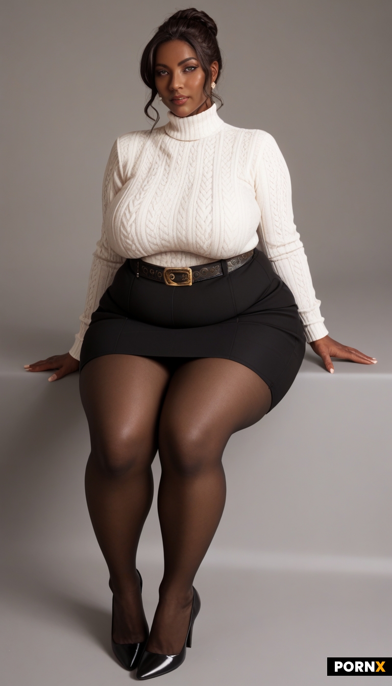 Depict a middle-aged african woman in a white long-sleeved knit sweater with a distinctive zigzag la
