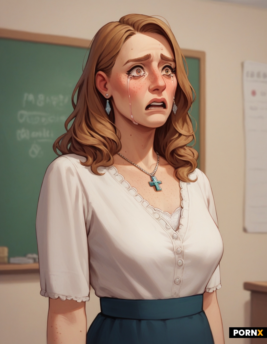 Married frumpy teacher in 80's teachers clothes standing in front of a classroom