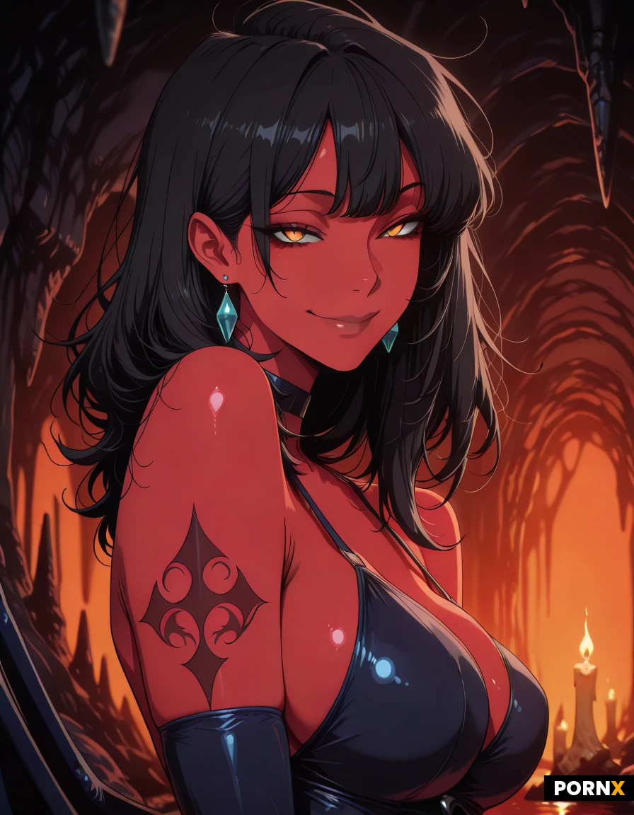 devil, mage, blue demon dress, red skin, masterpiece, best quality, highres, absurdres, 1girl, adult, solo, long messy hair, black hair, cat eyes, skinny, large_breasts, seductive, looking_at_viewer, demon cave, soft_lighting, warm_lighting, close_up, shallow_depth_of_field, hot demon, big diamond rings, earrings, sideboobs, perfect face, full-sleeve tattoo on the left arm, smile