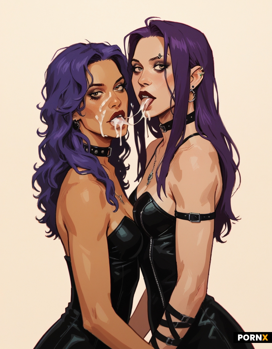 Two Latina Gothic women give a double blowjob