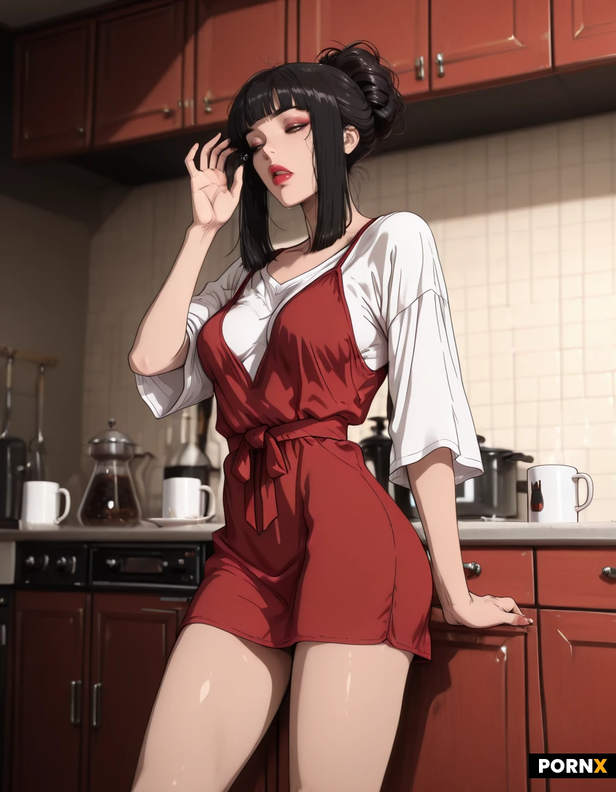 (1female, 28 years old, fit, perfect legs, perfect hands, medium breasts, perfect eyes, sleepy face, full lips, lipstick, makeup, messy black hair, hair up, loose shirt dress, red outfit), at kitchen, (sketch lines), coffee mug, yawn, morning routine,