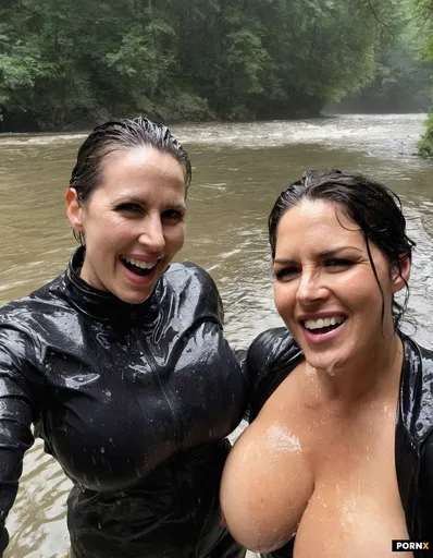 Two beautifull women cuddle in the river