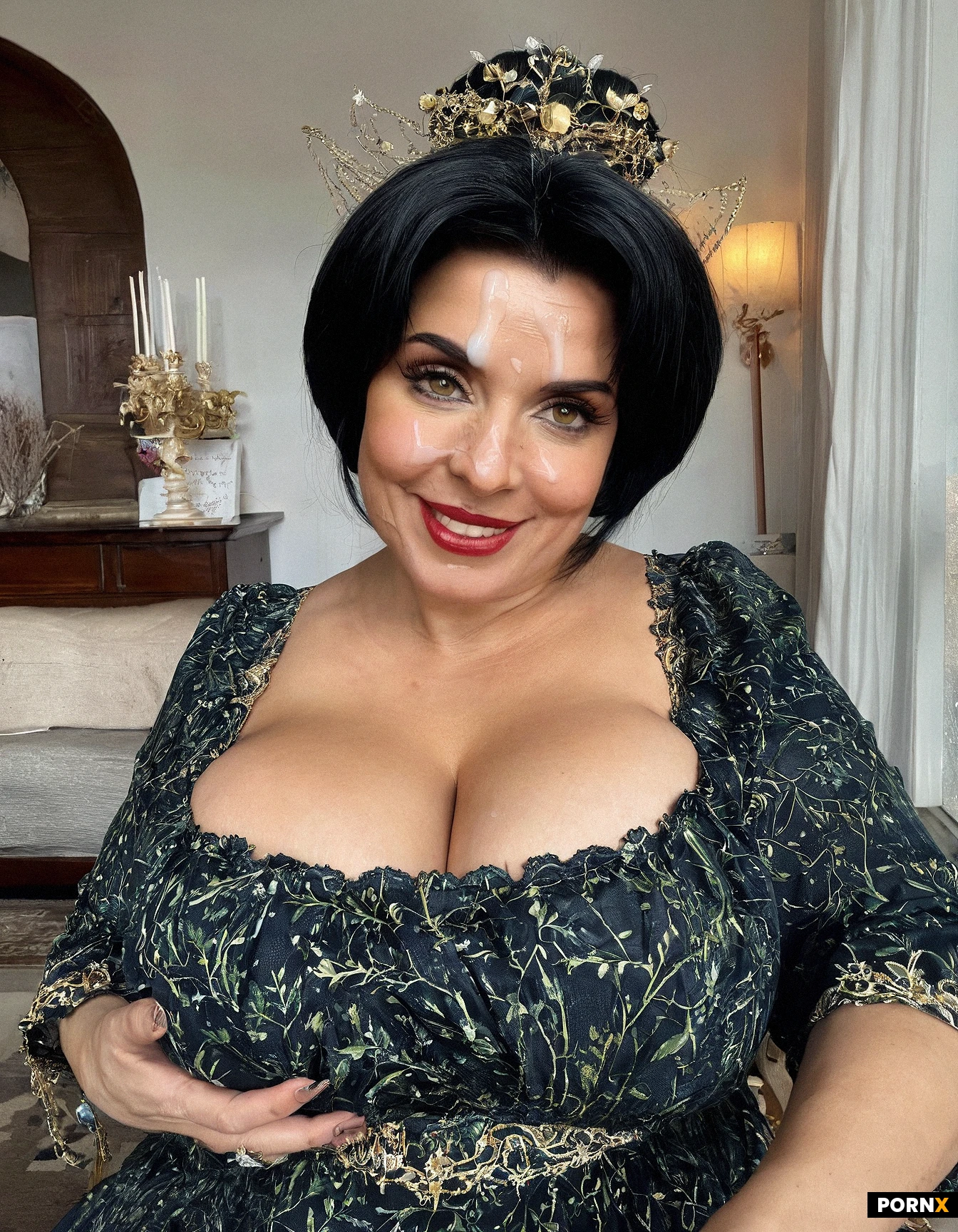 Ultra‑high detail, (large round breasts), neckline, beautiful mother, wealthy elderly woman, black hair, beauty, cute, face, big eyes, high hairstyle, British women, African women, elegant lady, small nose, big lips, (cosplay in a fairy‑tale dress), medieval clothing, fully dressed, living room, kneeling in front of a medium‑sized penis, white penis, with open eyes, semen on the face, semen on the forehead, semen on the eyes, wipes semen off the face, happy.